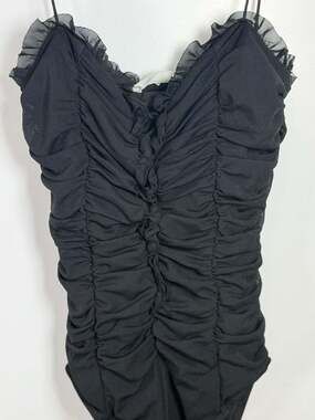 American Threads Black Ruffle Mesh Ruched Bodysuit